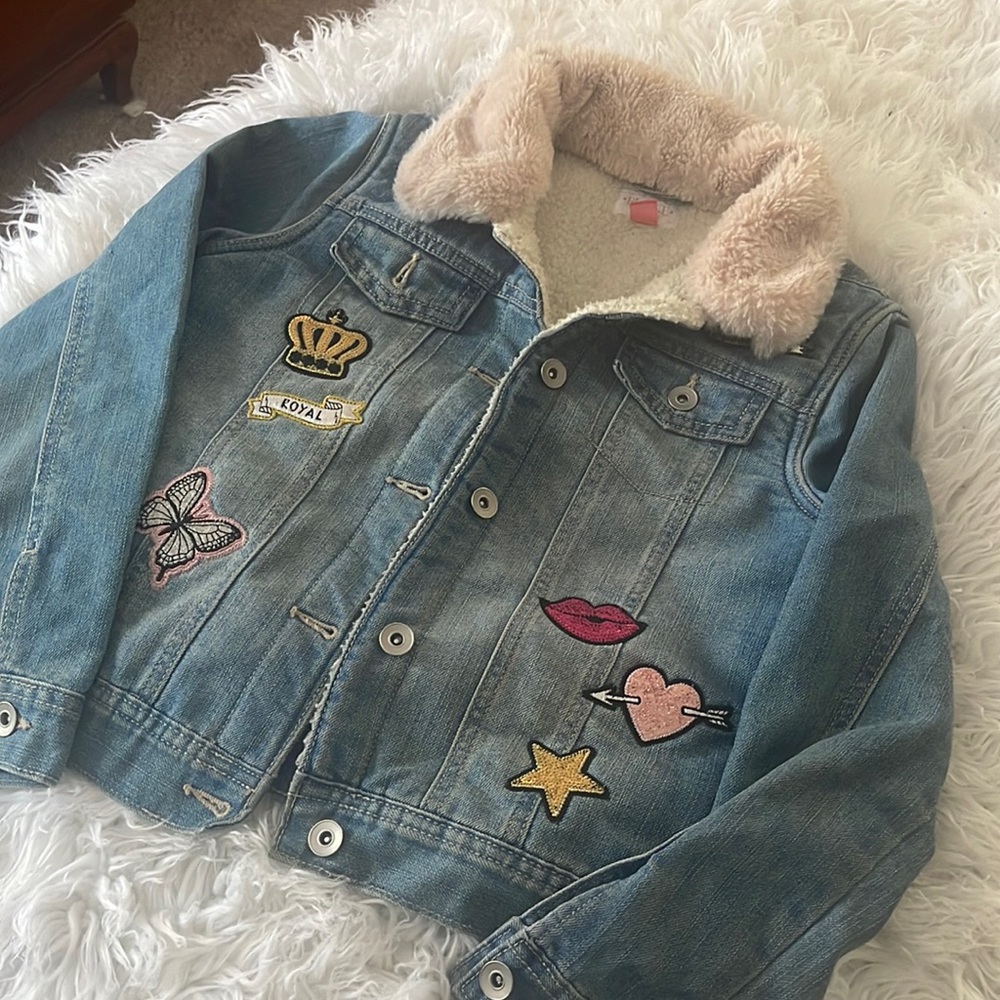 Girls shearling Jean jacket furry collar with embroidery by The Children’s place